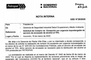 Nota de pedido enviada a Patricia Samudio para la compra de alcohol por “urgencia impostergable”.